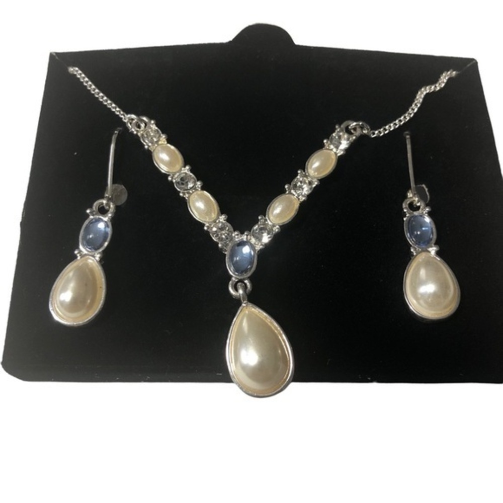 SHA 18"‎ WHITE RHINESTONE PEARL TEARDROP PENDANT NECKLACE Jewerly Set